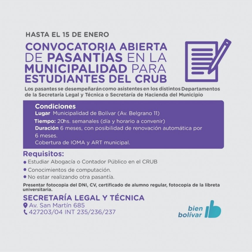 Se encuentra abierta la inscripción para realizar pasantías en la Municipalidad