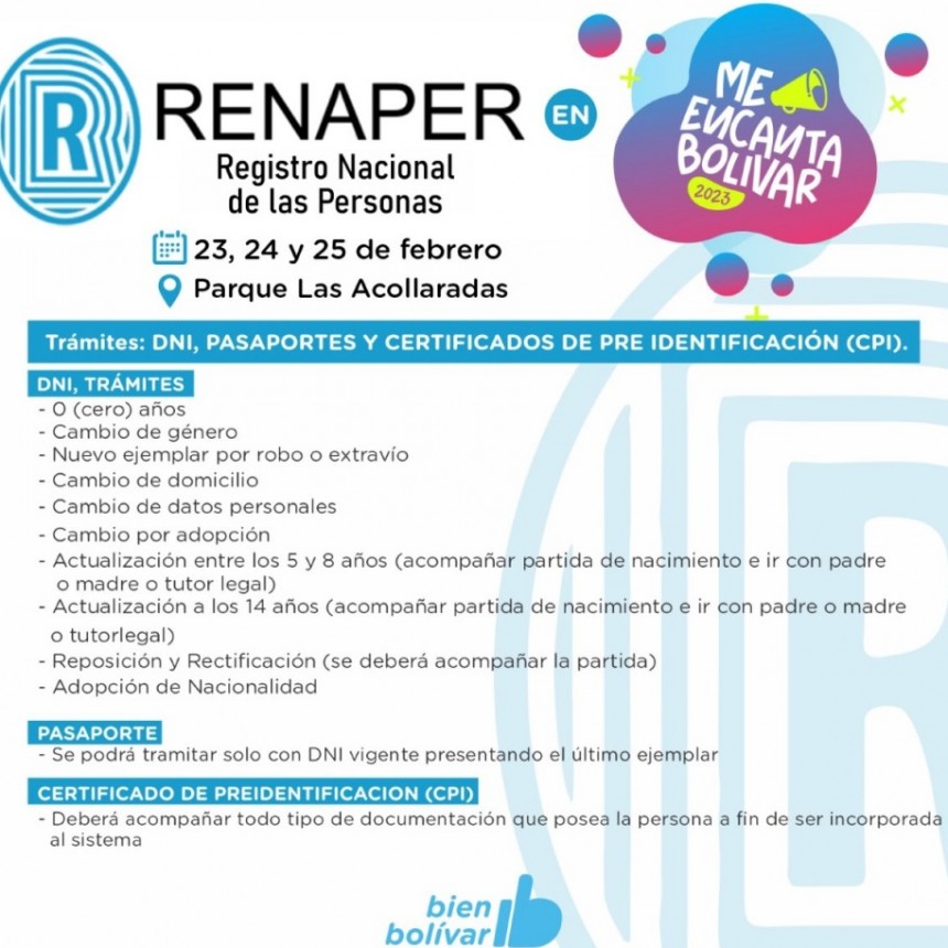 RENAPER realizar&aacute; tr&aacute;mites en el predio del Me Encanta Bol&iacute;var