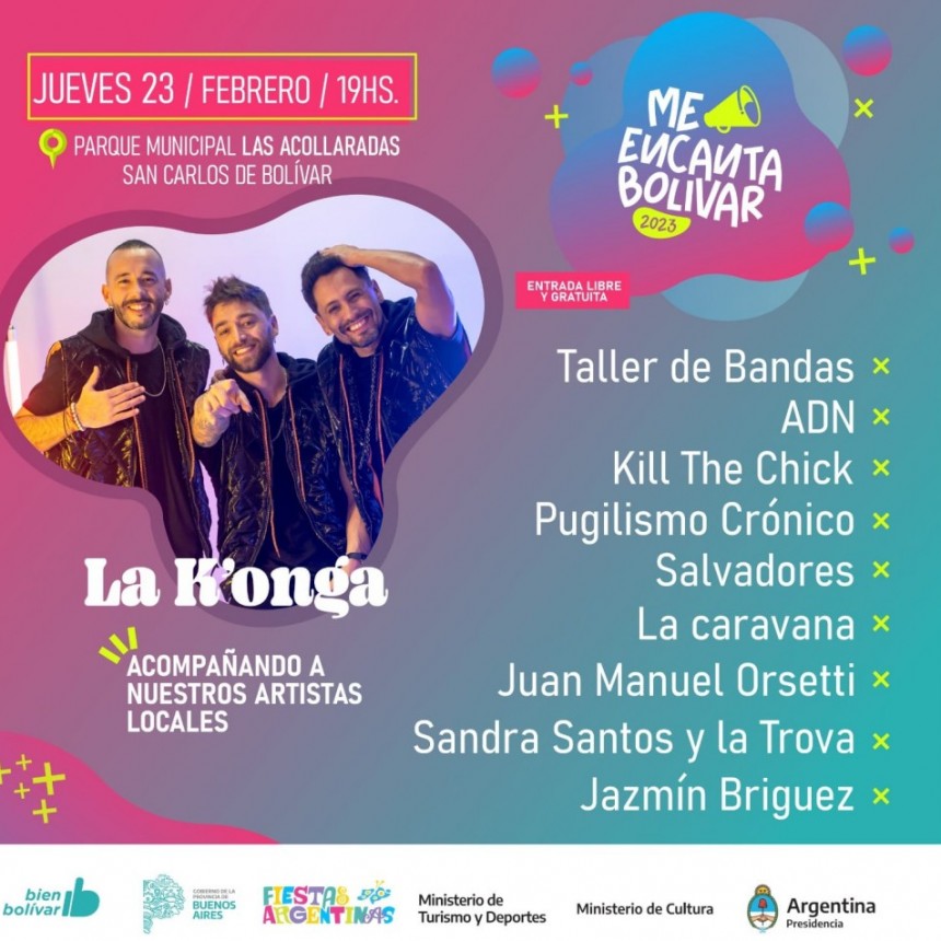 Primera jornada del festival Me Encanta Bolívar y en su mensaje de invitación, el intendente confirmó que La konga subirá al escenario a las 23 horas en punto