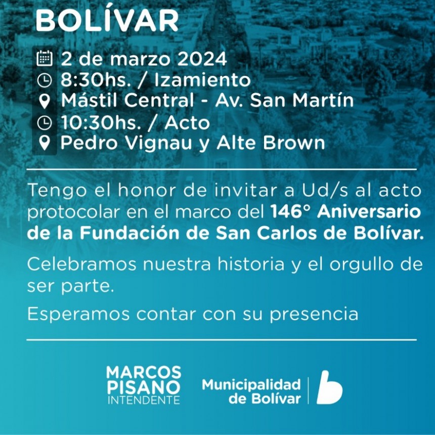 El sábado 2 de marzo será el Acto por el 146° Aniversario de San Carlos de Bolívar