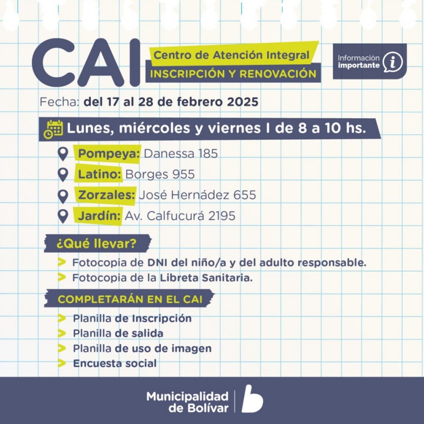 Centros de Atención Integral: A partir del 17 de febrero se abre la inscripción y renovación  