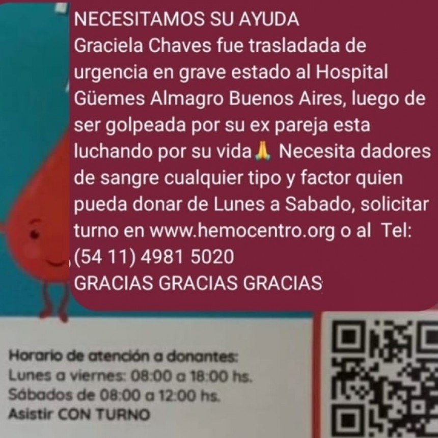La familia de Graciela Cháves, solicita dadores de sangre