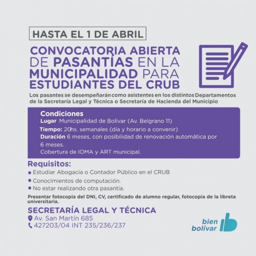 Se extendió hasta el 1 de abril la convocatoria para realizar Pasantías en la Municipalidad