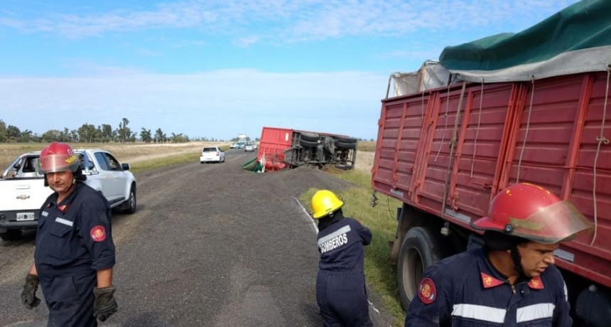 Hoy a la mañana: Volcó un camión cargado de girasol en Ruta 205