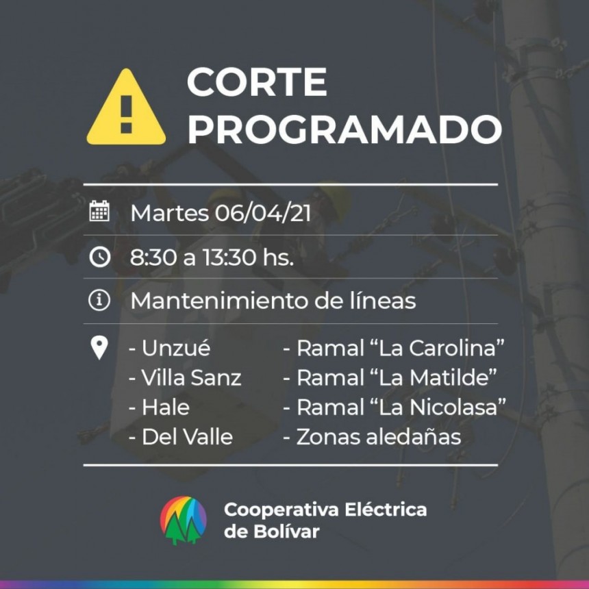 Corte de energ&iacute;a programado: Ser&aacute; el martes 06/4 de 08:30 a 13:30 hs en Zona Rural