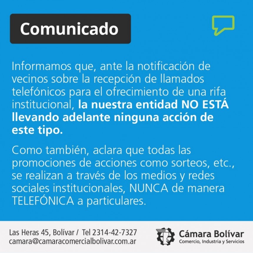 Comunicado Oficial de la Cámara Comercial ante la notificación de vecinos sobre una supuesta rifa institucional
