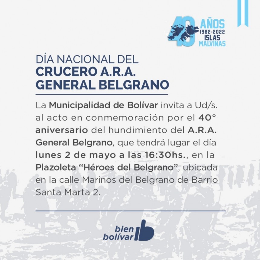 Este lunes se realiza el acto por el 40° aniversario del Hundimiento del A.R.A General Belgrano 