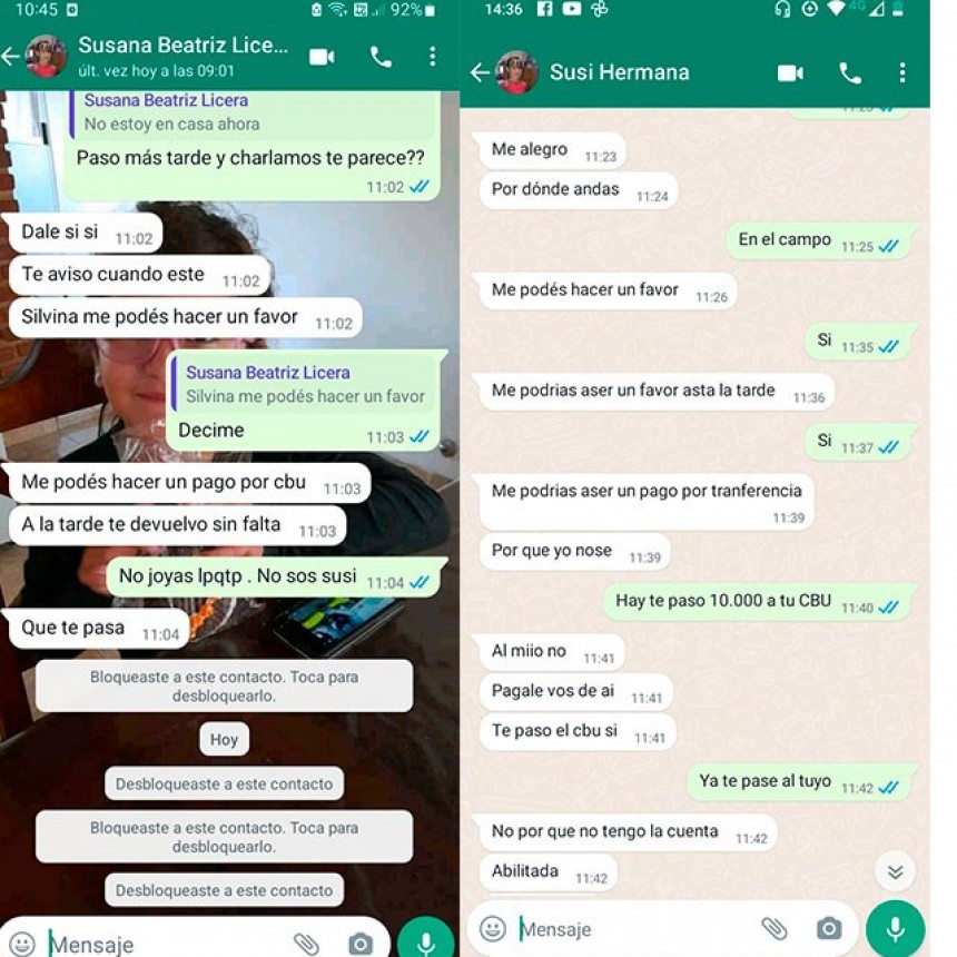 Hackearon el teléfono de Susana Beatríz Licera y comenzaron a pedir dinero en carácter de ayuda a sus contactos