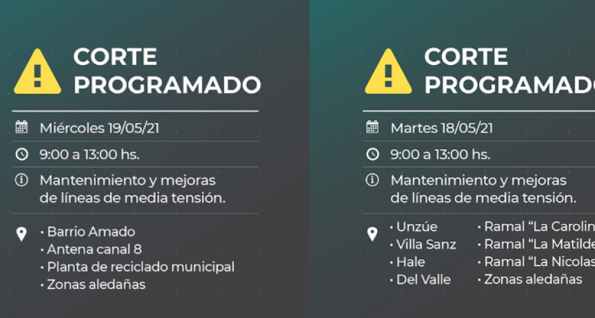 Se har&aacute;n dos cortes de energ&iacute;a programados para hoy 18 y ma&ntilde;ana 19 por mantenimiento en las l&iacute;neas de tensi&oacute;n