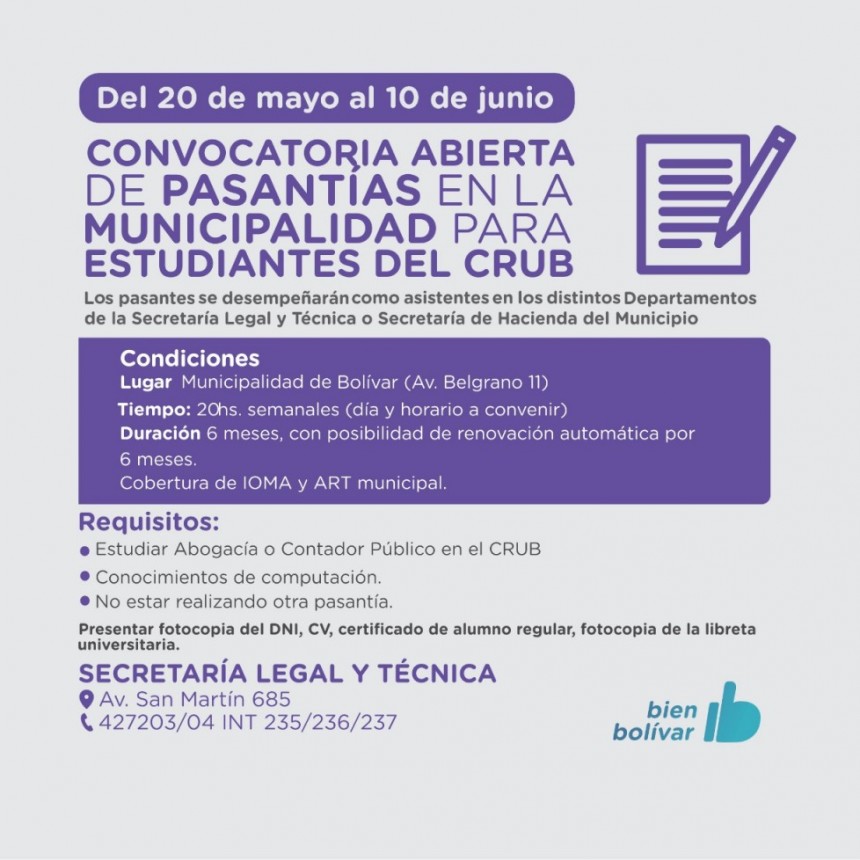 Se encuentra abierta la inscripción para realizar pasantías en la Municipalidad