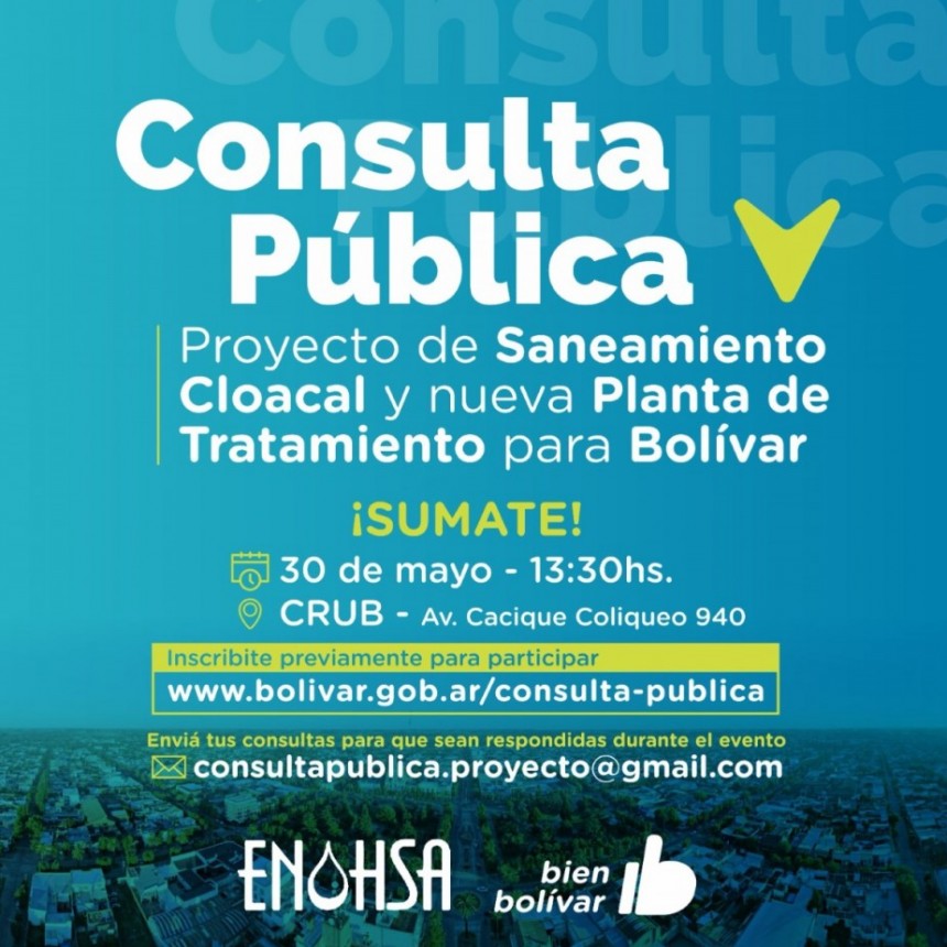 Se realizará una Consulta Pública sobre el Proyecto de Saneamiento Cloacal y Nueva Planta de Tratamiento