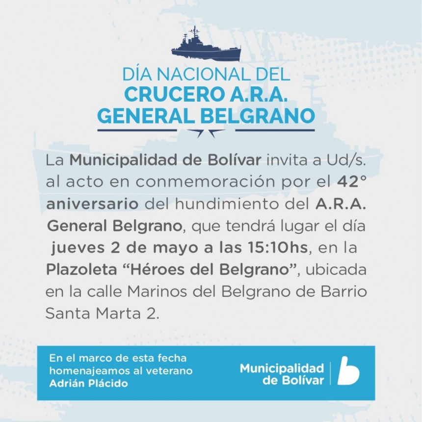 Este jueves 2 se realizará el acto por el 42° aniversario del hundimiento del A.R.A General Belgrano