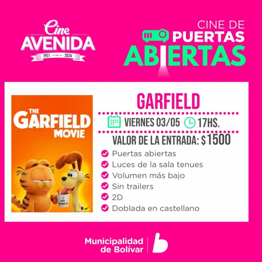 Cine a Puertas Abiertas: Se proyectará la película “Garfield” y en FM 10 Hablamos con nadia Marchione