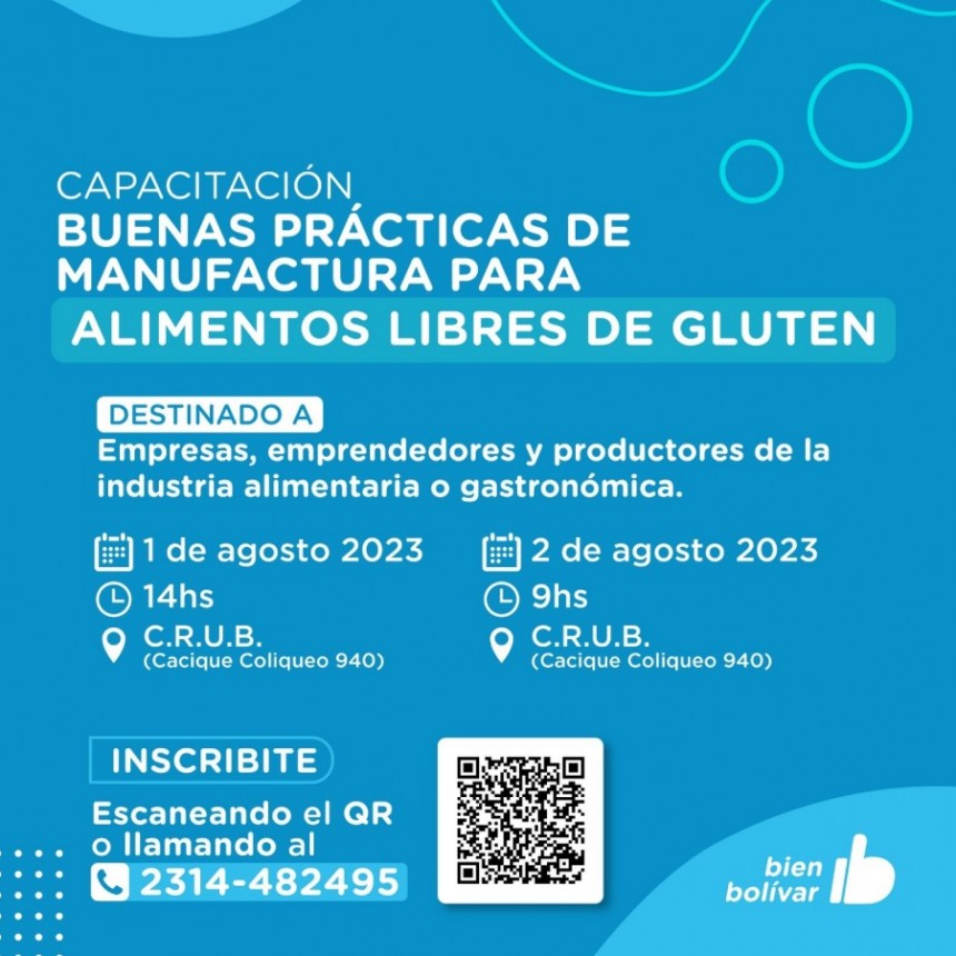 Se brindarán capacitaciones de Buenas Prácticas de Manufactura para Alimentos Libres de Gluten en el CRUB