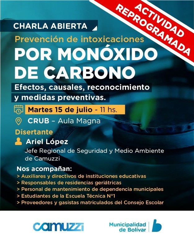 Fue reprogramada para el martes 15 de julio, la Charla sobre Monóxido de Carbono en el CRUB