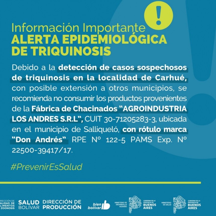 Comunicado de la Dirección de Zoonosis y Calidad de Alimentos: Alerta Epidemiológica por un Brote de Triquinosis en Carhué