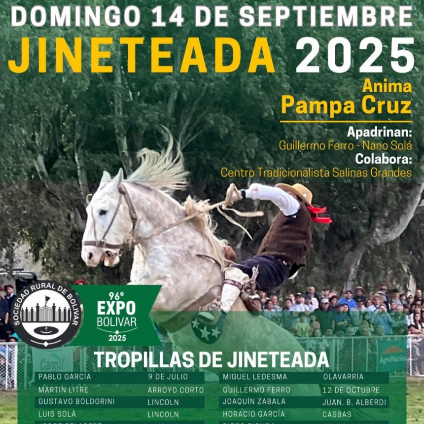 96º Expo Bolívar hoy domingo: Jineteada con más de 30 montas y tropillas de todo el país 