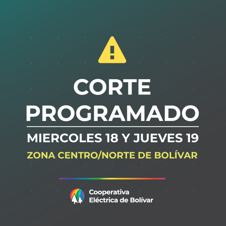 La Cooperativa Eléctrica de Bolívar anunció los cortes por maniobras de conexión a la Línea 132, serán miércoles y jueves