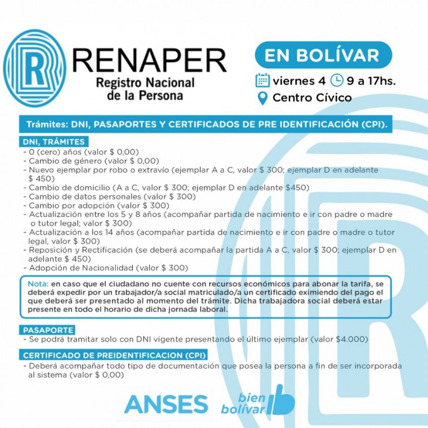 El Renaper estará atendiendo este viernes 4 en el Centro Cívico