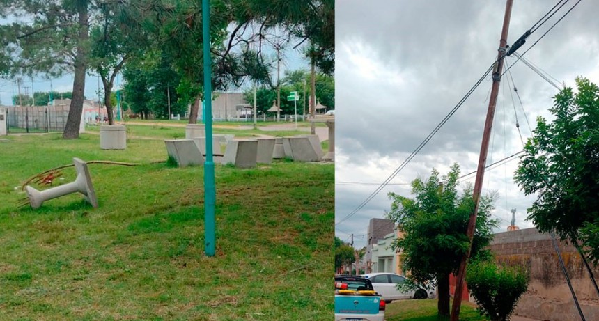 Vandalismo en una plaza y el riesgo de los servicios telefónicos con postes a punto de caer al piso