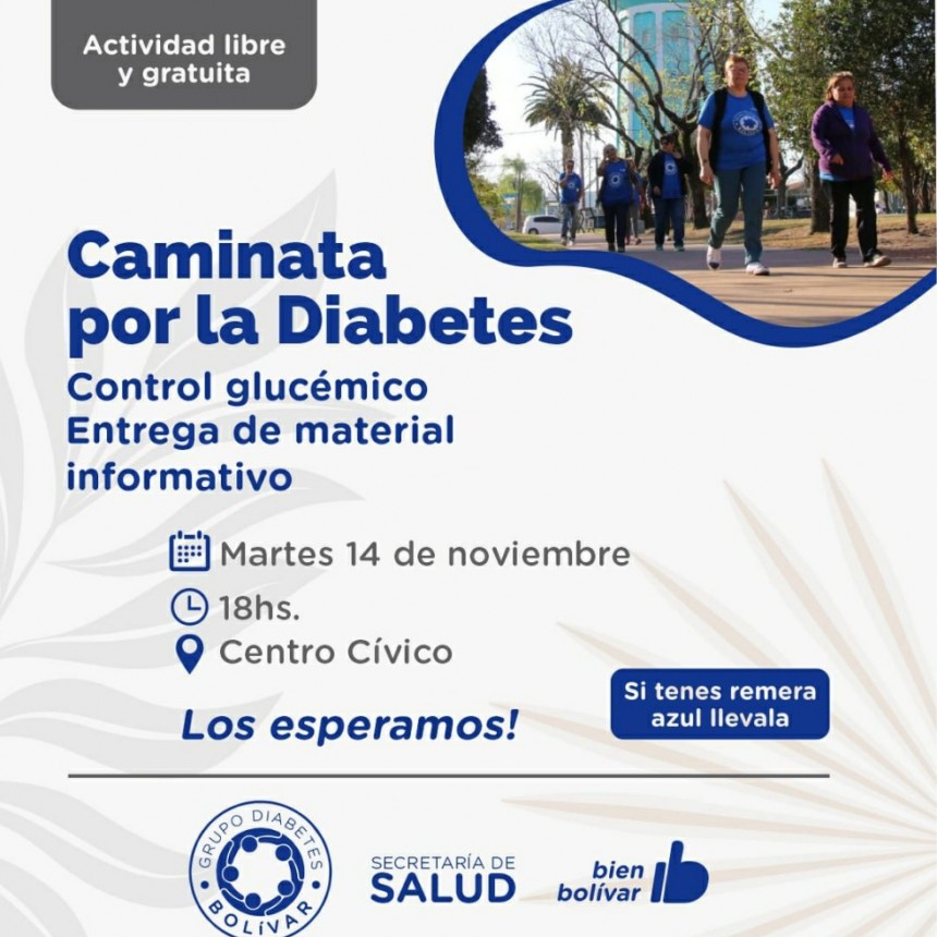 Este martes se realizarán caminatas preventivas por la Diabetes en Bolívar, Urdampilleta y Pirovano