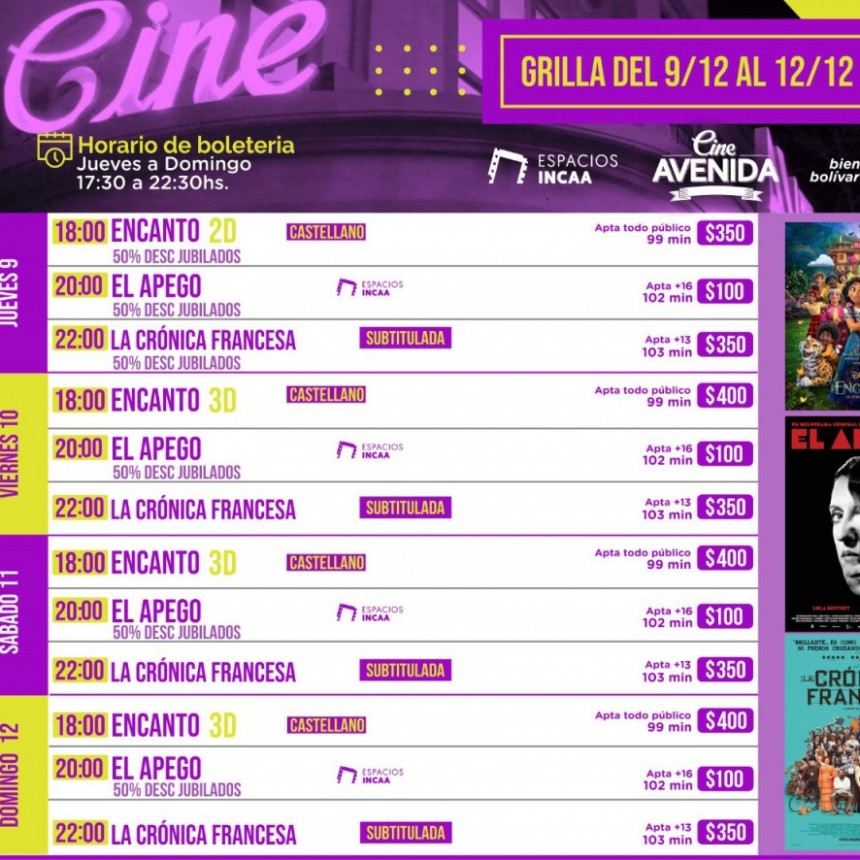 Conoc&eacute; la cartelera del Cine Avenida para este fin de semana