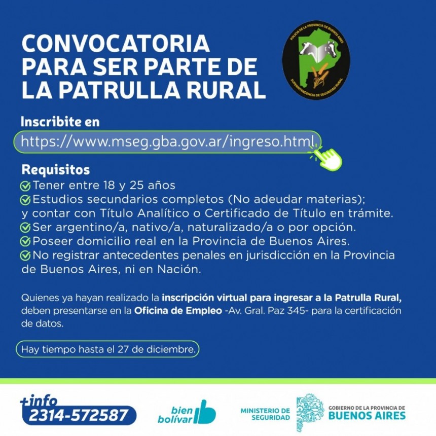Se encuentra abierta la convocatoria para sumarse a la Patrulla Rural